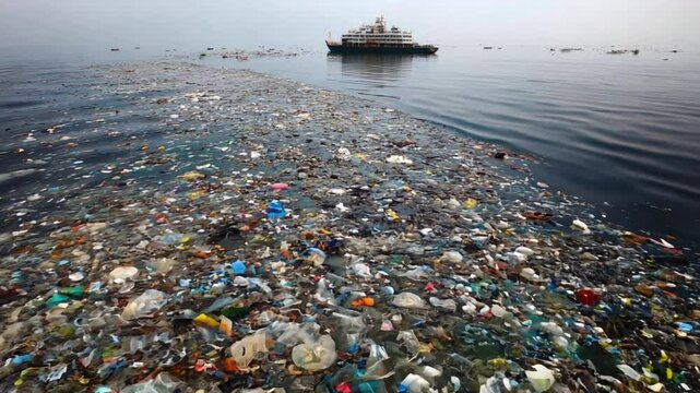 A devastating image of floating plastic and waste pollution in the sea, highlighting the marine debris crisis threatening ocean ecosystems
