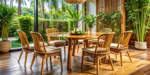 Fototapeta premium Elegant Bamboo Dining Table Set: Polished Surface and Natural Aesthetic for Modern Interiors, Eco-Friendly Bamboo Furniture for Stylish Dining Spaces and Minimalist Home Décor
