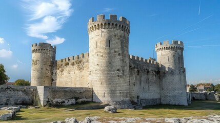 Explore the Majestic Castle Standing Tall Amidst a Clear Blue Sky and Urban Landscape
