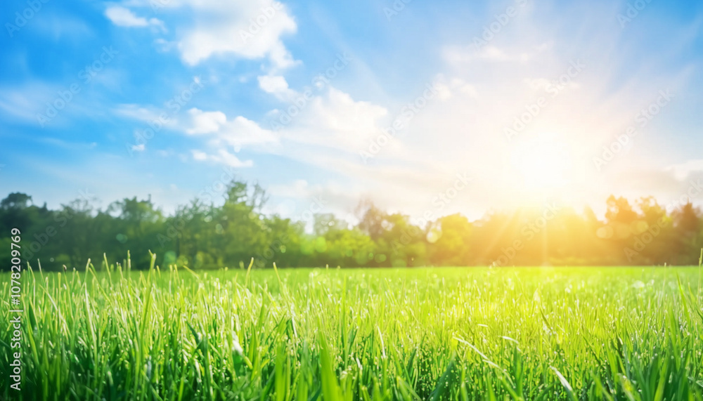 Wall mural natural spring grass field background with blurred bokeh and sun rays