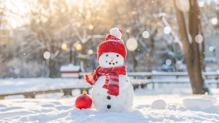 Obraz premium Adorable Red - Hatted Snowman: A Charming Winter Delight