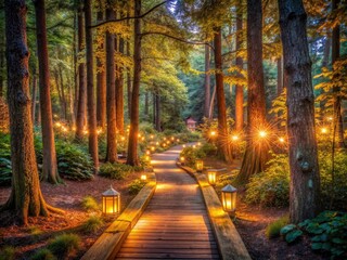 Enchanted Forest Path at Dusk with Warm Glowing Lights Capturing Solitude and Nature's Beauty