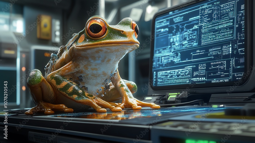 Fototapete A green frog with orange eyes sits on a computer desk in a futuristic lab with a computer screen in the background.