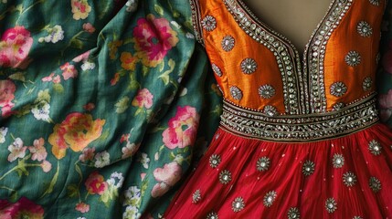 Vibrant Ethnic Dress with Floral Background