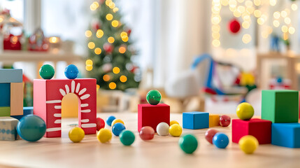 Colorful Christmas playroom with festive toys and decorations