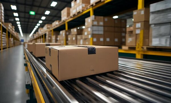 物流倉庫の中のレールの上を流れる段ボール箱