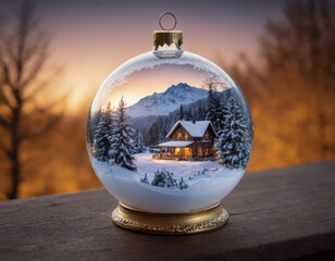 Paesaggio invernale al tramonto dentro una sfera. Colori caldi e morbidi che contrastano con la neve.