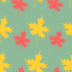 Maple leaf. Repeating vector pattern. Flat style. Isolated green background. Continuous ornament of yellow and red leaves. The leaf shape is crown-shaped. Idea for web design.