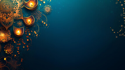 card design with a deep teal background, adorned with shimmering gold patterns, colorful rangoli motifs, and glowing diya lamps scattered throughout. Oriental festival of lights Ramadan