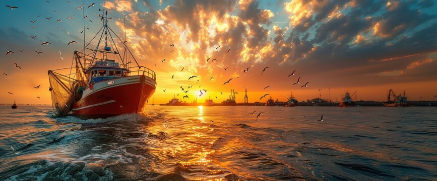 Fishing boat at sunset with vibrant sky and seagulls in the foreground.
