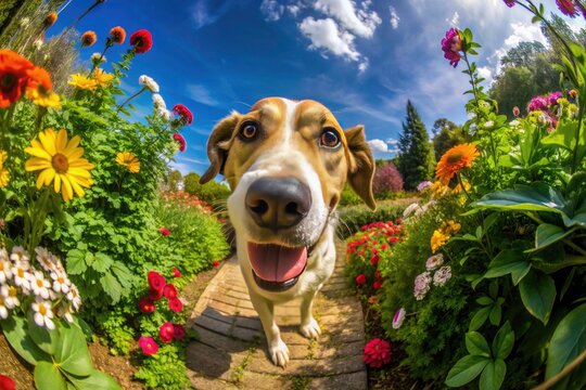 Garden Goofball: Fisheye Perspective of a Playful Dog in a Vibrant Garden with Colorful Flowers and Lush Greenery, Capturing the Essence of Canine Curiosity and Joyful Exploration