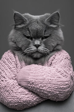 A fluffy gray cat wears a textured pink sweater, crossing its arms with a grumpy expression, humorously capturing feline personality and style.