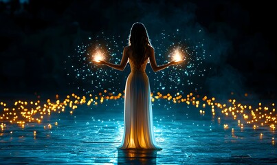Obraz premium Fairy Godmother Bestowing Magic, Enchanting scene of a whimsical figure surrounded by shimmering lights, granting heartfelt wishes with grace.