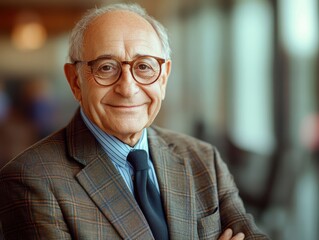 Elderly businessman in a suit, soft focus on his kind face with a gentle blur to the edges, creating a dreamy and professional aura