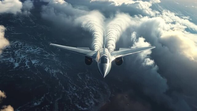 Aerial close-up of a jet plane breaking the sound barrier, with a visible sonic boom forming around the plane body