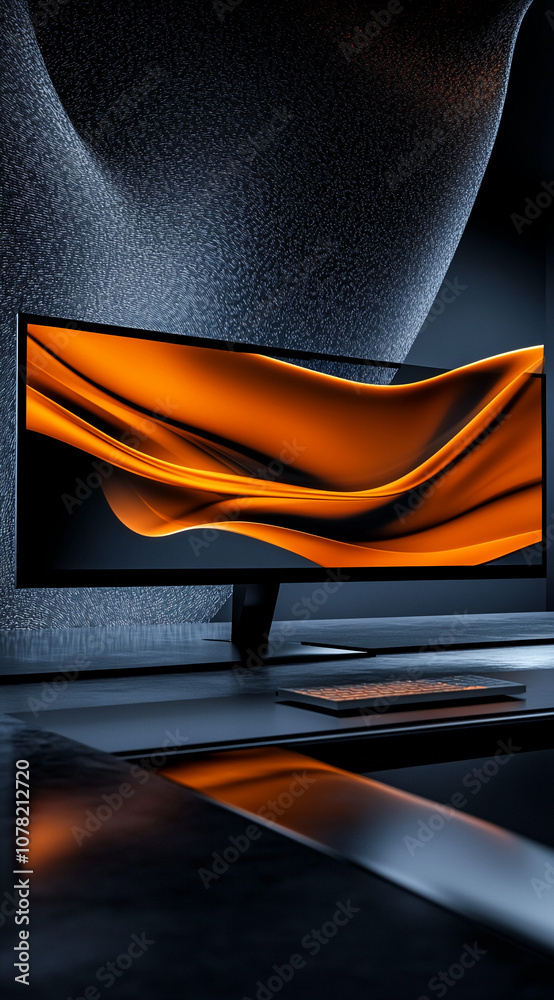 Poster A modern desktop computer with an orange abstract design displayed on the screen sits on a sleek, black desk with a keyboard