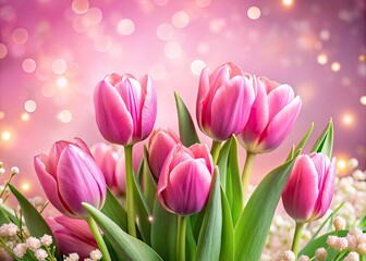 Obraz premium Vibrant Pink Tulips with White Flowers on Soft Pink Background for Springtime Celebrations