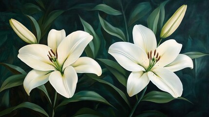 Obraz premium White and cream lilies and green leaves