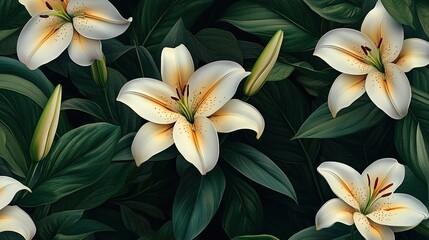 Fototapeta premium White and cream lilies and green leaves