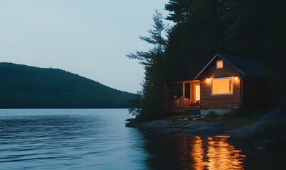 Fototapeta premium A quiet lakeside cabin at dusk, surrounded by nature, Generative AI
