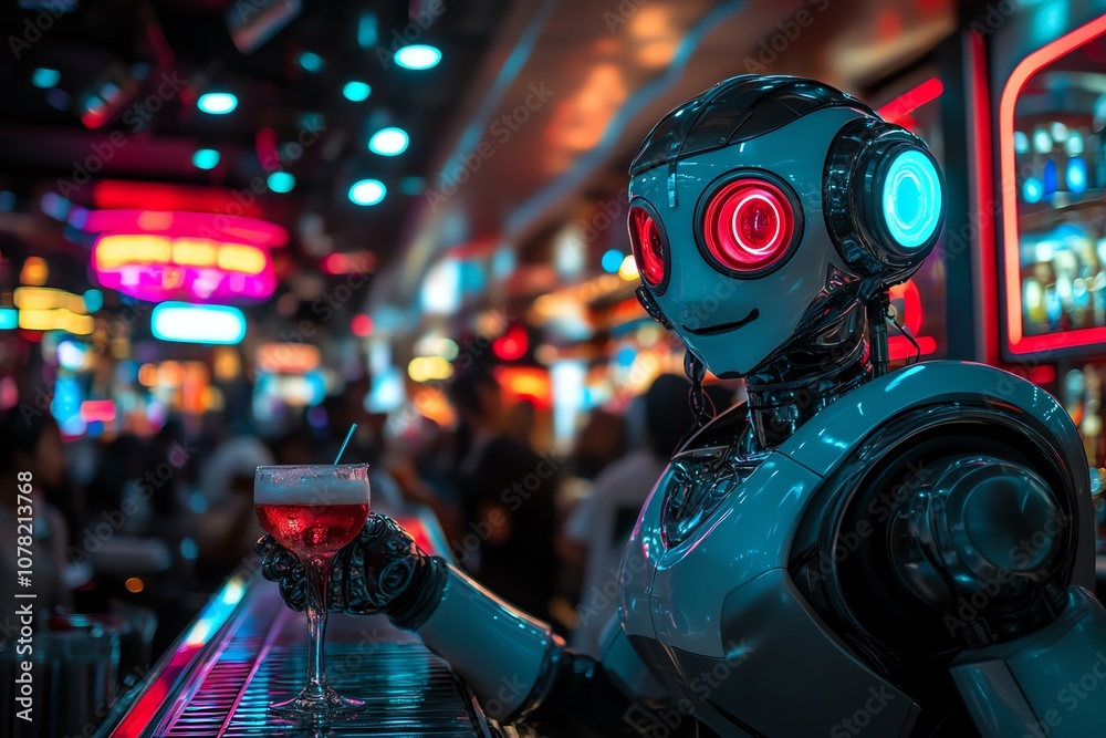 Poster a humanoid robot with glowing red eyes sits at a bar counter in a crowded nightclub, holding a cockt