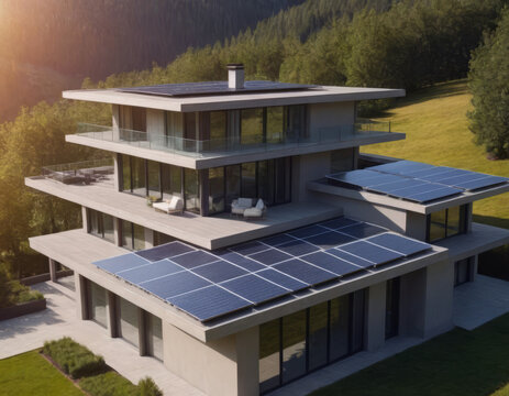 Villa a pi&ugrave; piani immersa nel verde, con tetto dotato di pannelli solari.