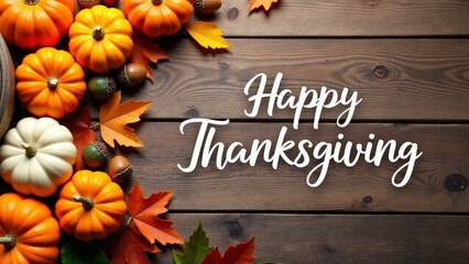 Cheerful happy thanksgiving everyone background with pumpkins and a rustic wood theme.