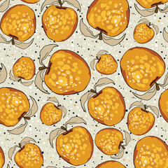 Seamless pattern with apple on color background. Natural delicious fresh ripe tasty fruit. Vector illustration for print, fabric, textile, banner, design. Stylized apples with leaves. Food concept