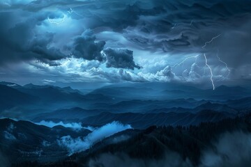 Dramatic Stormy Skies Illuminate the Mountains During a Nighttime Thunderstorm With Visible Lightning Strikes
