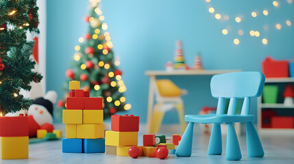 Festive playroom with colorful blocks, blue chair, and holiday decor
