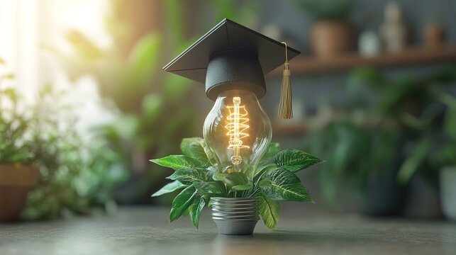 Graduation cap on a Eco lightbulb. 3D rendering
