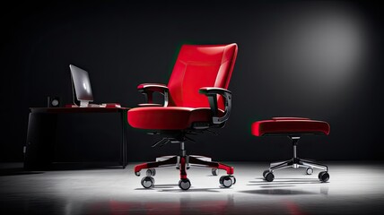 A stylish ergonomic office chair with a vibrant red cushion against a dark, minimalist backdrop, highlighting its modern design.-