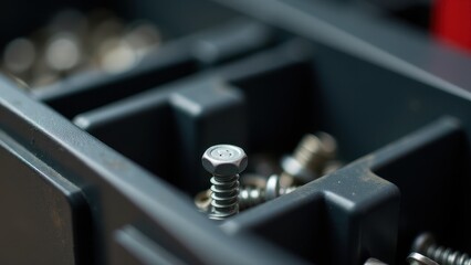 Screws and bolts for shelving installations. Box of screws in close-up, showing various sizes and metallic finishes, organized in compartments for easy access and storage.