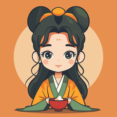 Japanese girl in kimono holding a bowl of soup. Vector illustration