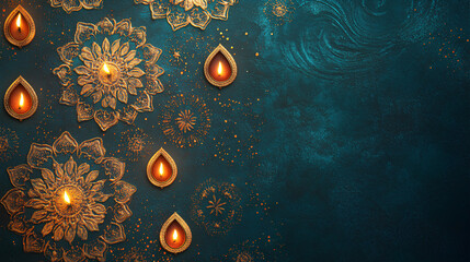 card design with a deep teal background, adorned with shimmering gold patterns, colorful rangoli motifs, and glowing diya lamps scattered throughout. Oriental festival of lights Ramadan