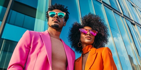 Stylish Couple Posing In Front of Glass Building