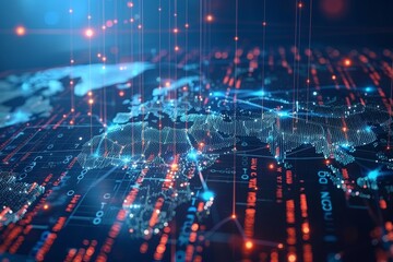 Digital Representation of Global Connectivity With Illuminated Data Points Over a World Map at Night