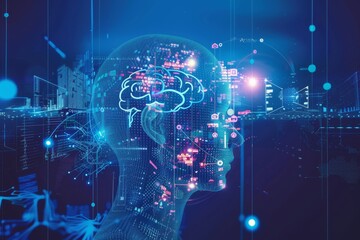 Fototapeta premium Digital Representation of a Human Head Filled With Glowing Data and Neural Patterns Showcasing Artificial Intelligence and Technology Integration