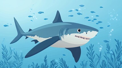 Fototapeta premium A Great White Shark Swimming Through Blue Water Surrounded by Smaller Fish