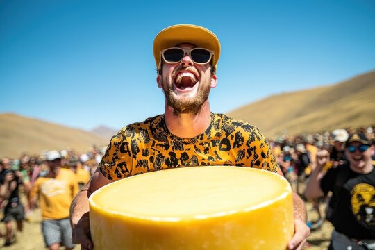 Cheese rolling festival enthusiasts celebrate tradition with joyful laughter and vibrant energy