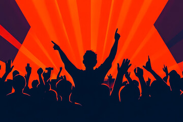 A crowd of people are cheering and pointing at something. The image has a feeling of excitement and energy