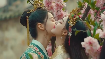 Obraz premium Two women in traditional Asian clothing embrace under a blooming cherry blossom tree.