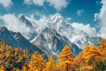 Obraz premium Majestic Snow-Capped Mountains Rise Above Vibrant Autumn Trees in a Stunning Landscape at Sunset in the Himalayan Region