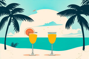 Two glasses of orange juice are on a beach with palm trees in the background. Scene is relaxed and refreshing