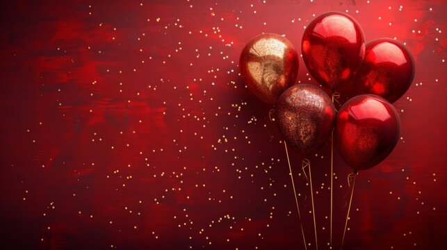 Happy birthday. Red and gold balloons with glitter on red background, banner for birthday party or celebration event