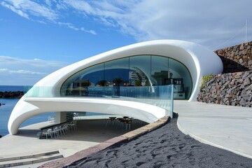 Fototapeta premium Modern Architectural Design of a Seaside Building in Daylight With Clear Views of the Ocean and Surrounding Landscape