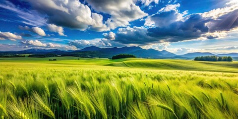 Obraz premium Vast Barley Field in Spring, Bavaria: Lush Green Landscape, Scenic Rural Beauty, Agricultural Serenity, Nature's Splendor, Blue Sky, Vibrant Crops, Tranquil Countryside, Seasonal Awakening