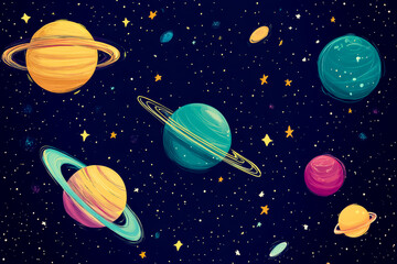 A colorful painting of planets and stars with a blue background. The painting is of a space scene with a variety of planets and stars