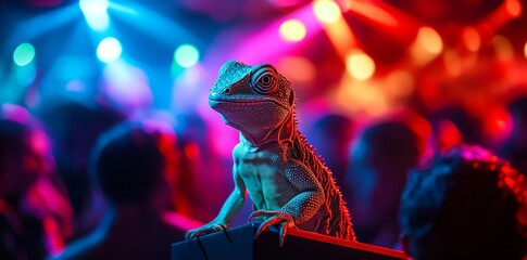 A lizard enjoys a night out at a concert, surrounded by people and colorful stage lights.