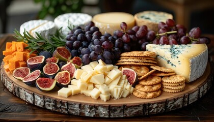Cheese, Crackers, Figs, and Grapes on a Wooden Platter